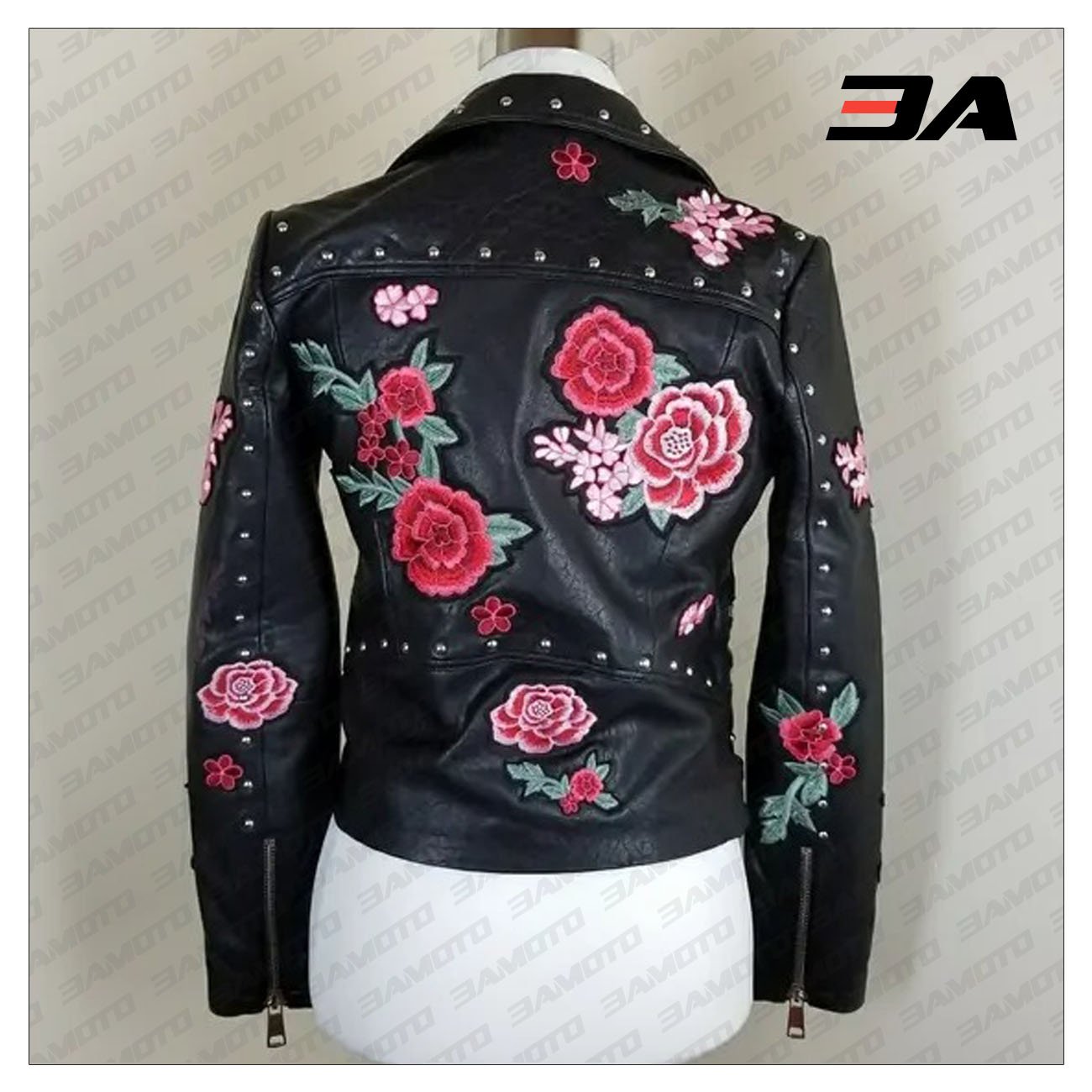 Embellished Studded Floral Embroidered Leather Jacket