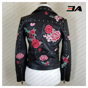 Embellished Silver Studded Embroidered Leather Jacket - 3A MOTO LEATHER
