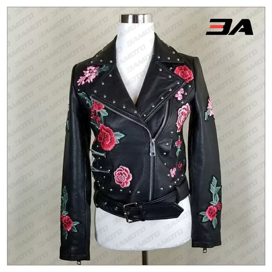 Embellished Silver Studded Embroidered Leather Jacket - 3A MOTO LEATHER - 3amoto shop