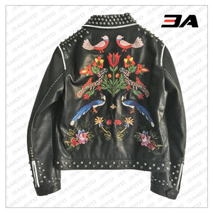 Embellished Studded Floral Embroidered Leather Jacket - 3A MOTO LEATHER