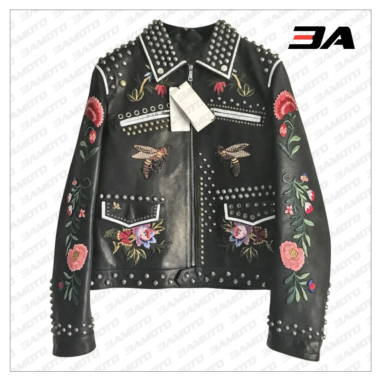 Embellished Studded Floral Embroidered Leather Jacket - 3A MOTO LEATHER