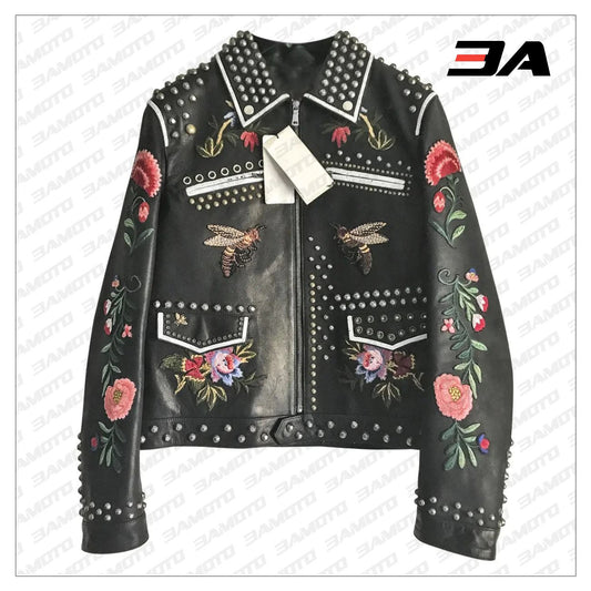 Embellished Studded Floral Embroidered Leather Jacket - 3A MOTO LEATHER - 3amoto shop