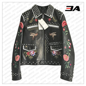 Embellished Studded Floral Embroidered Leather Jacket - 3A MOTO LEATHER