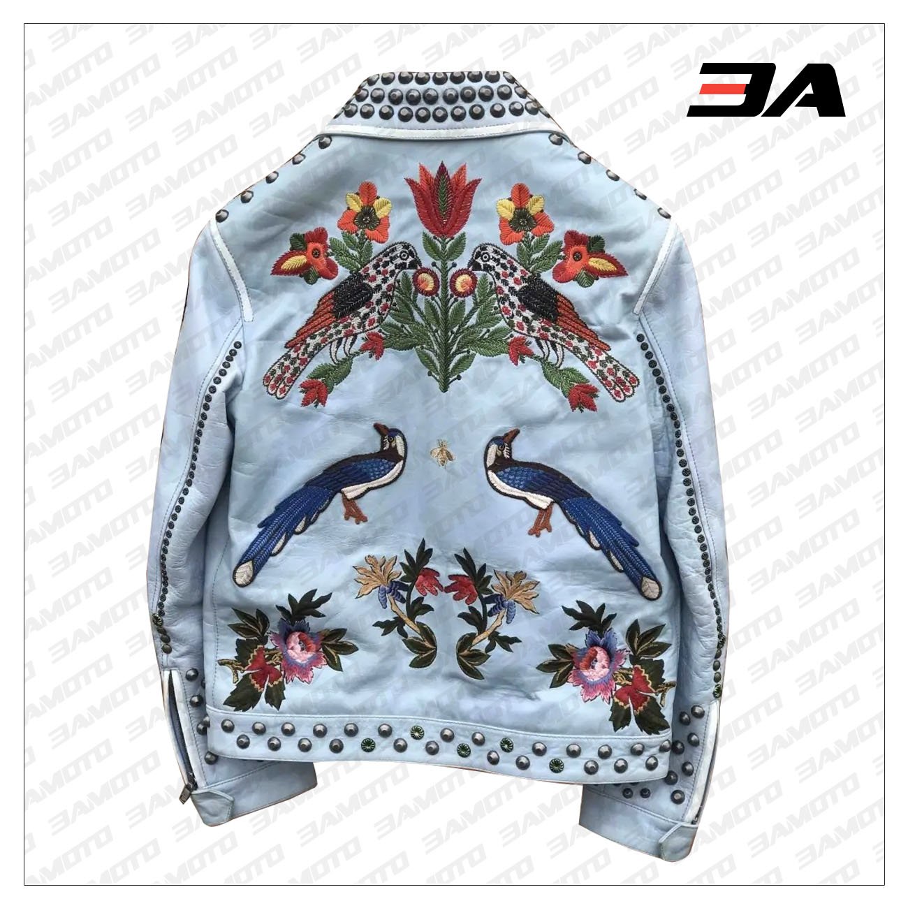 Embroidered padded leather jacket