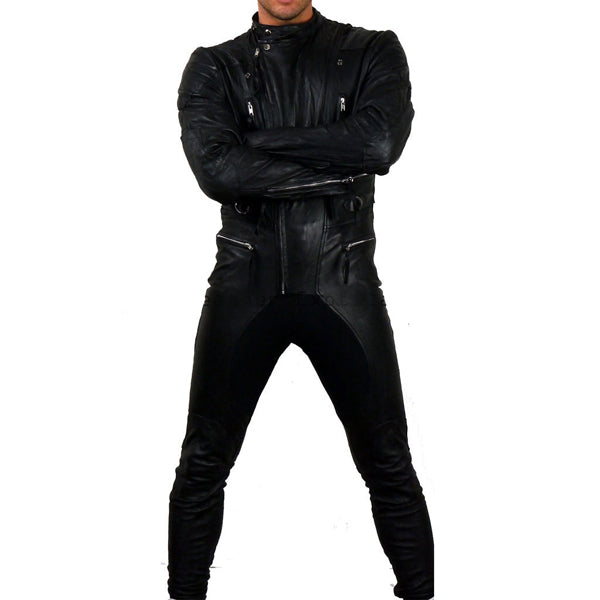 Fabric Insert Men Designer Style Leather Jumpsuit