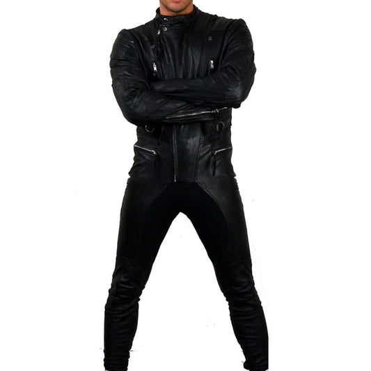 Fabric Insert Men Designer Style Leather Jumpsuit - 3amoto shop