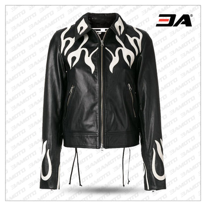 Women Fashion Printed Flame Effect Leather Jacket