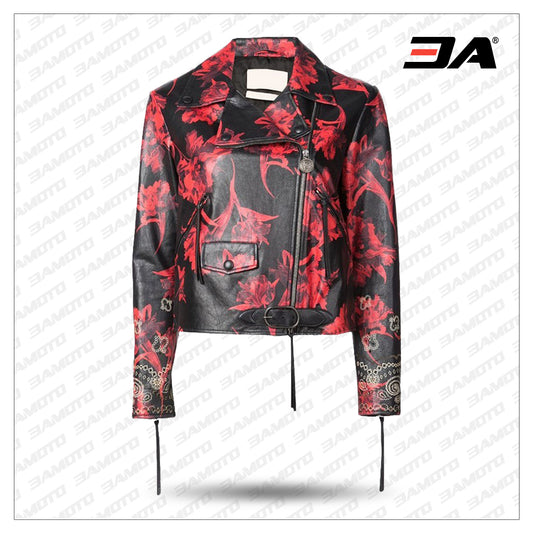 Women Floral Printed Leather Jacket - 3amoto shop