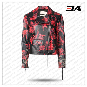 Women Floral Printed Leather Jacket