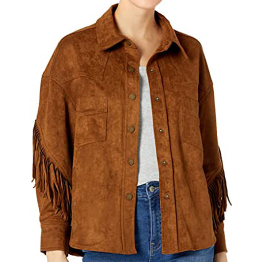 Women's Etta Button Front Collared Jacket with Fringe Sleeves - Fashion Leather Jackets USA - 3AMOTO