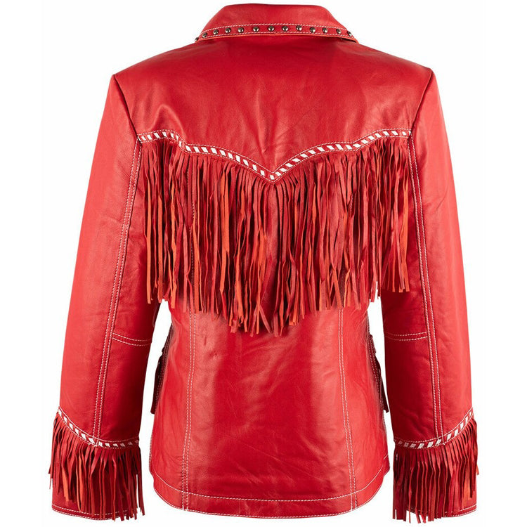 Women's Fringe Red Leather Jacket with Studs