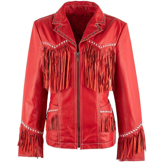 Women's Fringe Red Leather Jacket with Studs - Fashion Leather Jackets USA - 3AMOTO