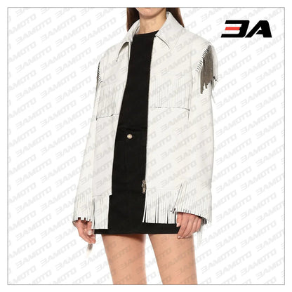 Fringed Leather Coat In White - 3A MOTO LEATHER