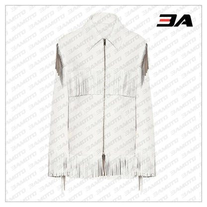 Fringed Leather Coat In White - 3A MOTO LEATHER