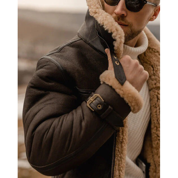 Men's Brown B3 Flying Aviator Shearling Long Jacket Coat