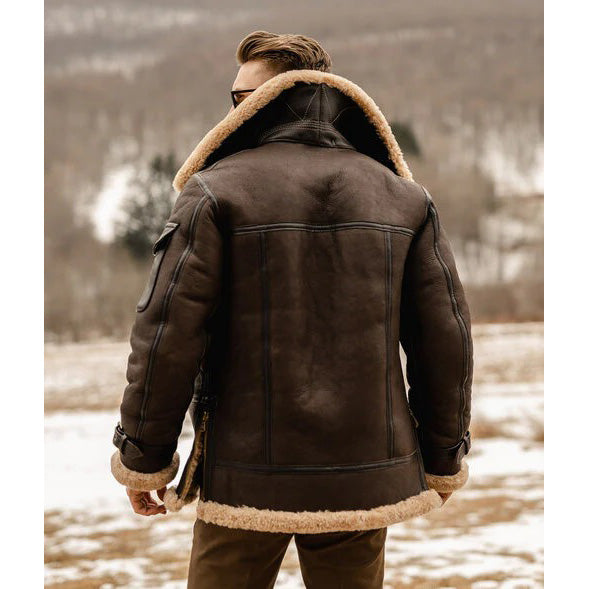 Men's Brown B3 Flying Aviator Shearling Long Jacket Coat