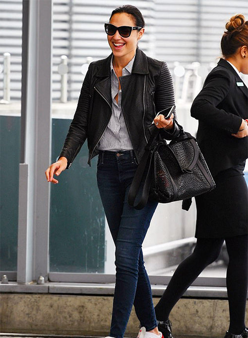 Gal Gadot wearing a stylish black leather jacket - available at 3amoto