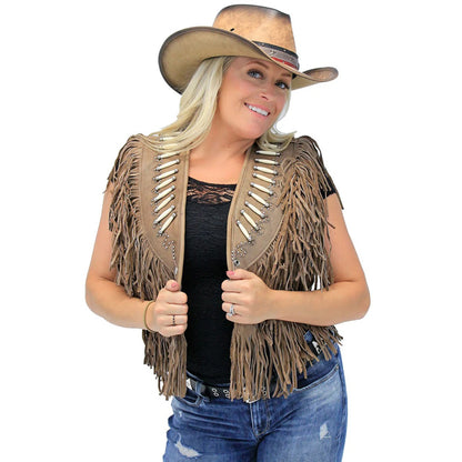 Genuine Bone Studded Brown Fringe Leather Vest