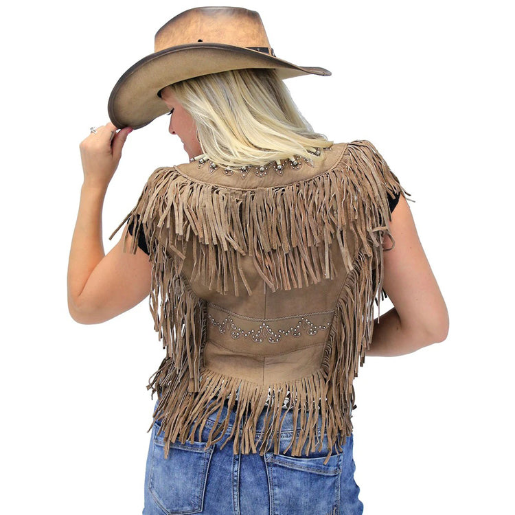 Genuine Bone Studded Brown Fringe Leather Vest