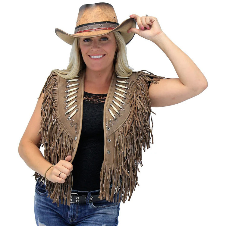 Genuine Bone Studded Brown Fringe Leather Vest