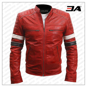 Genuine Striped Red Leather Moto Jacket Mens