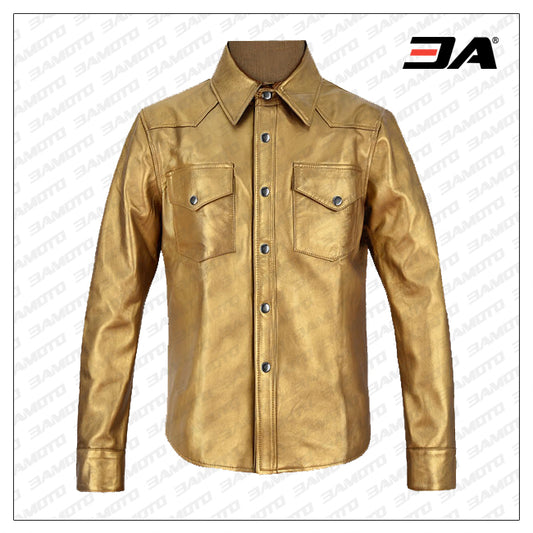 Golden Leather Shirt Jacket - 3amoto shop