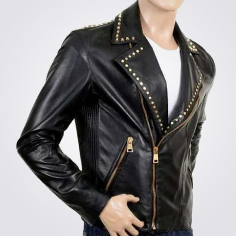 Golden Studded Fashion Leather Jacket For Men