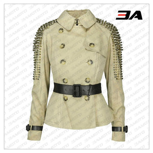 Golden Studded Trench Jacket - 3A MOTO LEATHER
