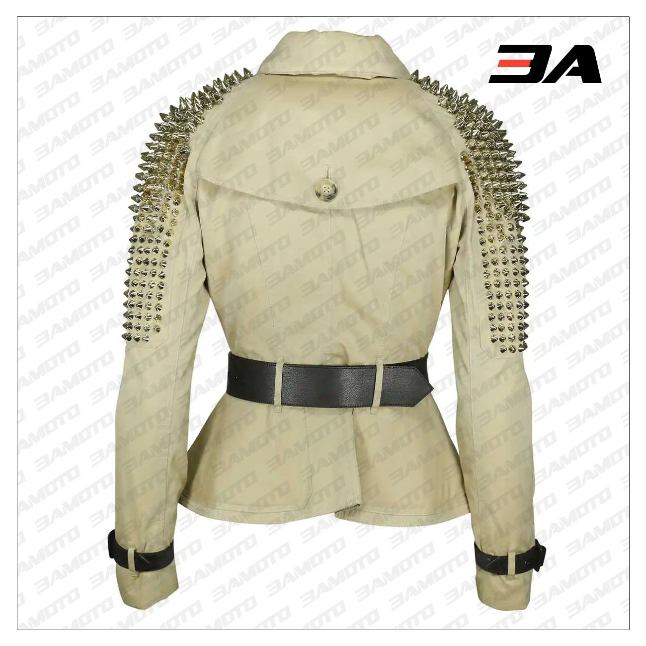 Golden Studded Trench Jacket - 3A MOTO LEATHER