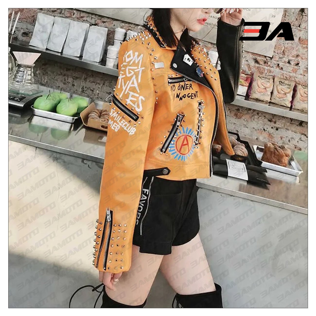 Graffiti Punk Style Biker Leather Jacket - 3A MOTO LEATHER