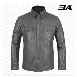 Gray Leather Shirt Jacket