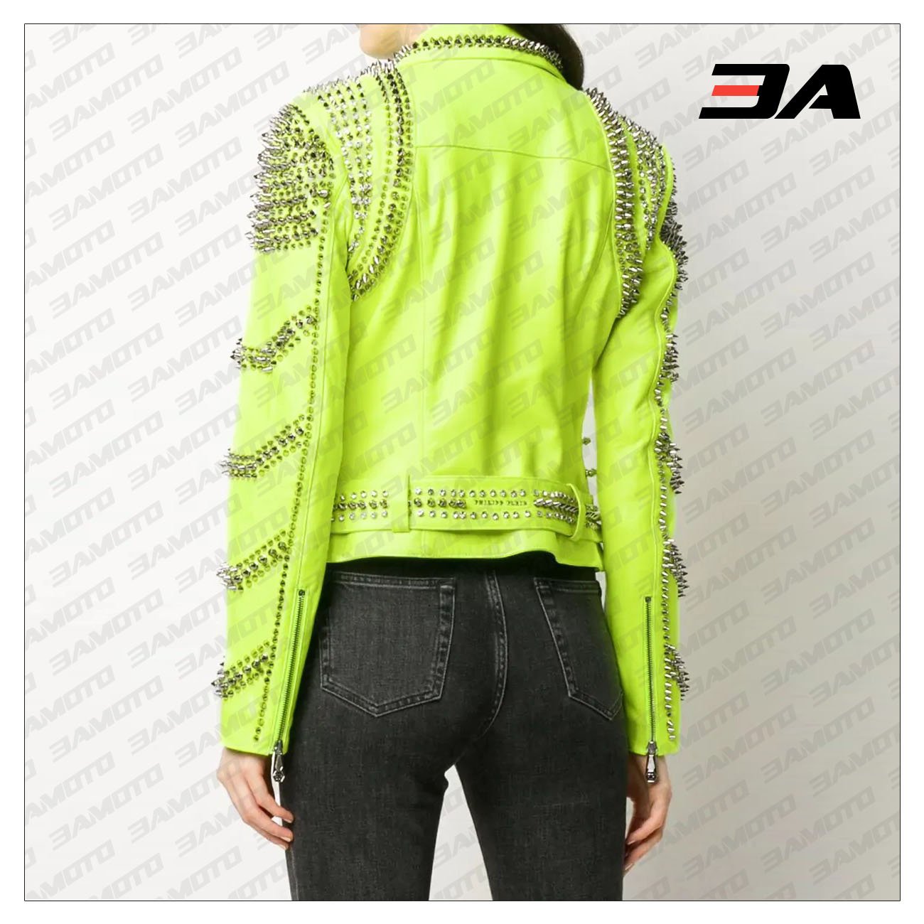 Green Leather Studded Biker Jacket - 3A MOTO LEATHER