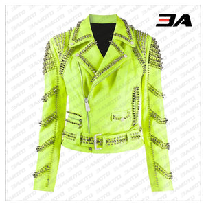Green Leather Studded Biker Jacket - 3A MOTO LEATHER