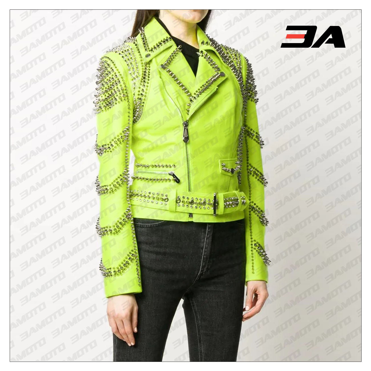 Green Leather Studded Biker Jacket - 3A MOTO LEATHER