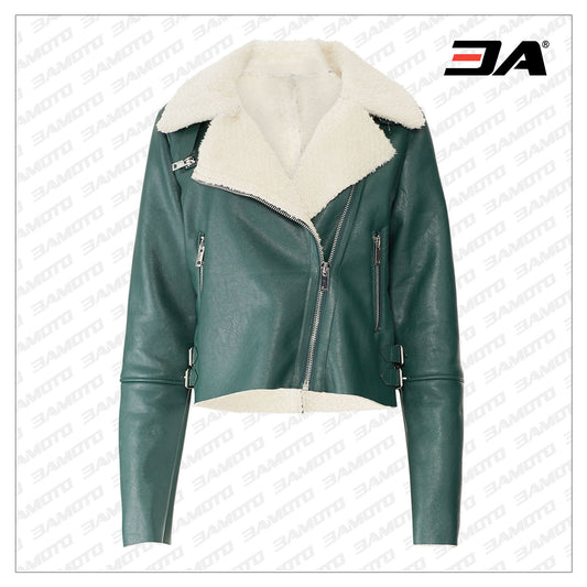 Green Shearling Fur Leather Biker Jacket - 3amoto shop