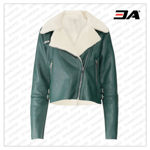 Green Shearling Fur Leather Biker Jacket