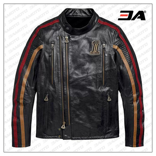 Harley Davidson Black Stripe Motorcycle Leather Jacket - 3amoto shop