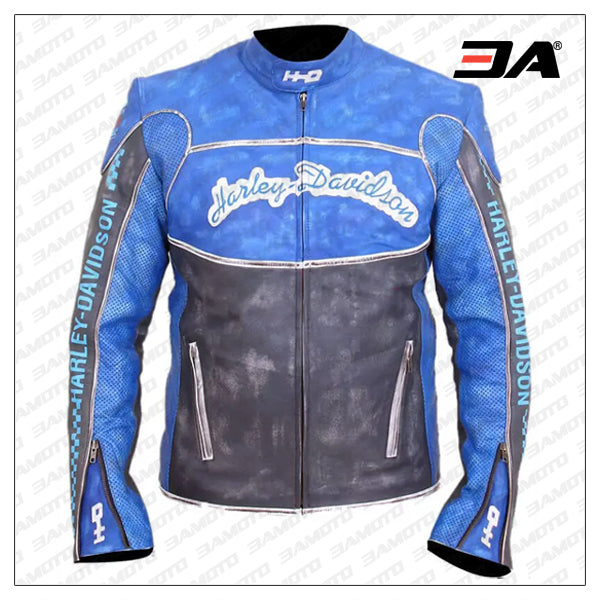 Harley Davidson Blue Motorcycle Leather Jacket