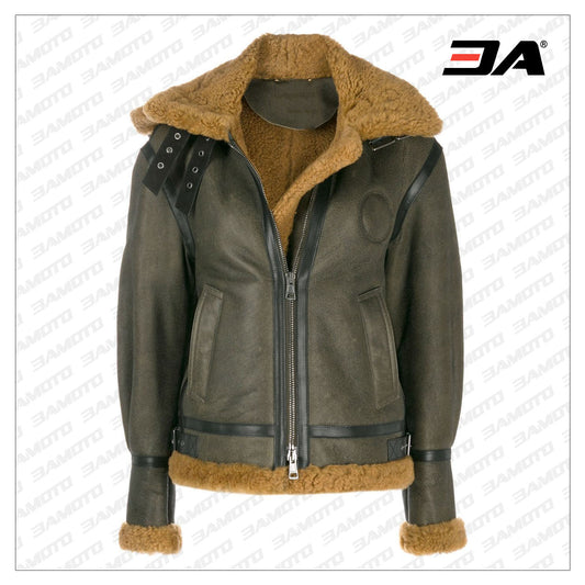 Khaki Green Shearling Aviator Coat - 3amoto shop