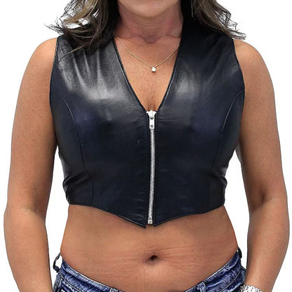 Womens Lambskin Leather V-Neck Zip Crop Vest