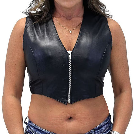 Womens Lambskin Leather V-Neck Zip Crop Vest - Fashion Leather Jackets USA - 3AMOTO