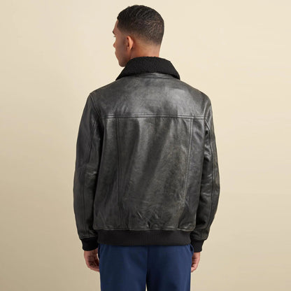 Mens Black Leather Aviator Bomber Jacket 