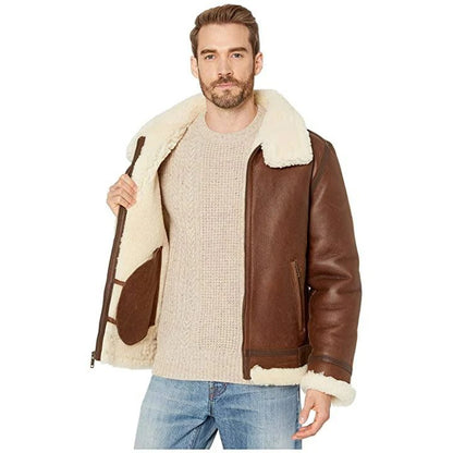 Men's Brown Shearling Trim Genuine Leather Aviator Jacket