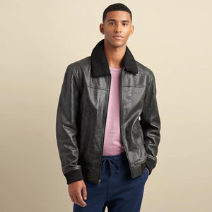 Mens Black Leather Aviator Bomber Jacket With Detachable Fur Collar