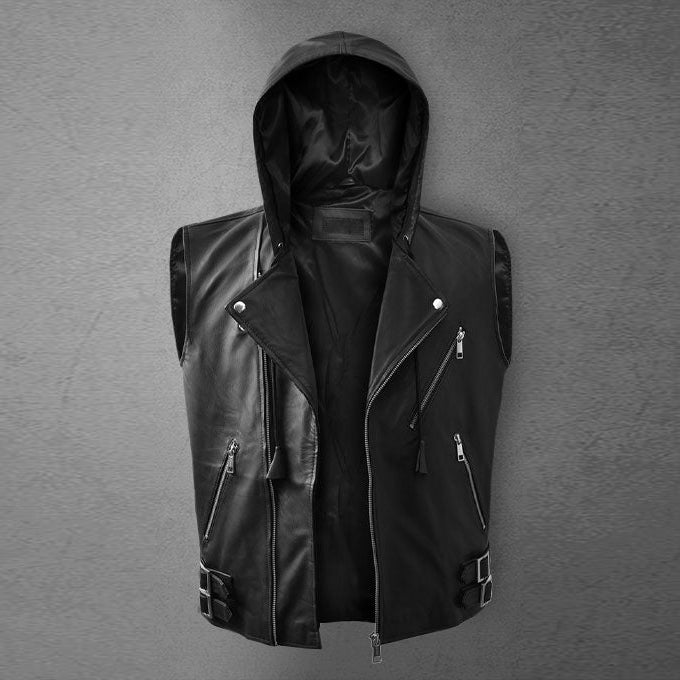 Men black Sleeve less leather Jacket, Men black leather Vest, Mens belted  jacket | eBay