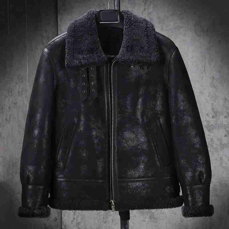 Men Shearling Sheepskin B3 Bomber Retro Aviator Flight Leather Jacket