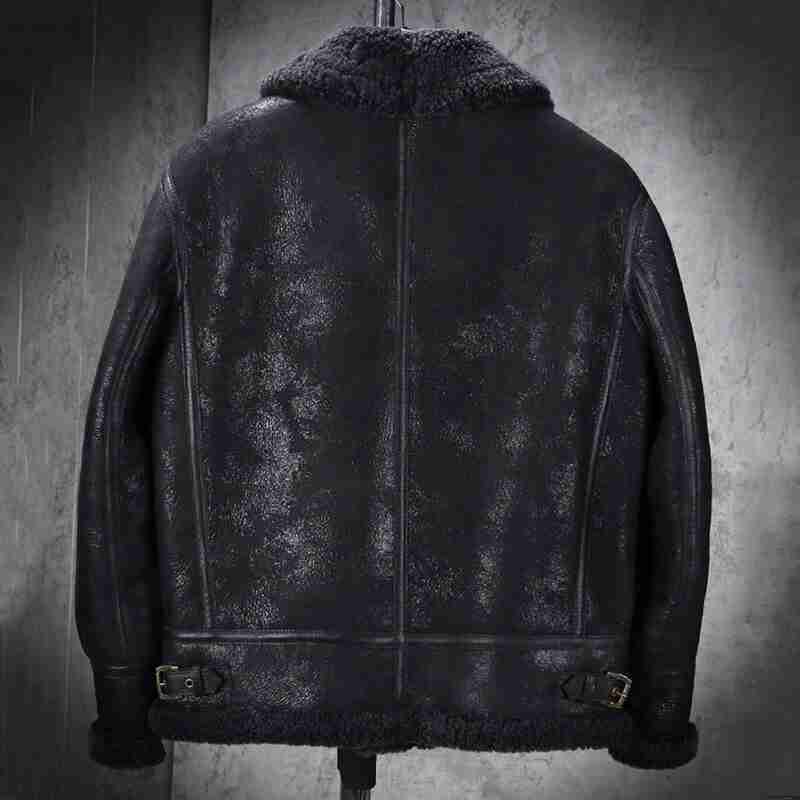 Men Shearling Sheepskin B3 Bomber Retro Aviator Flight Leather Jacket