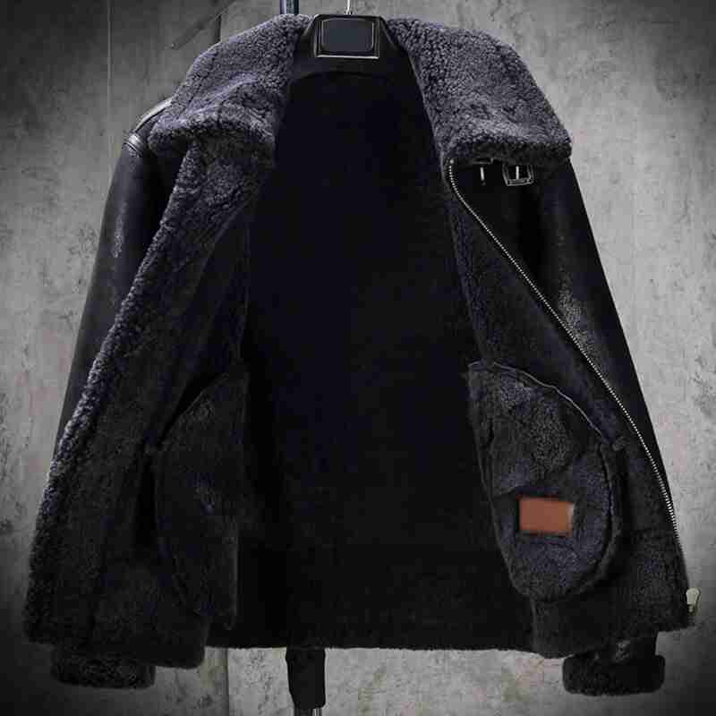 Men Shearling Sheepskin B3 Bomber Retro Aviator Flight Leather Jacket