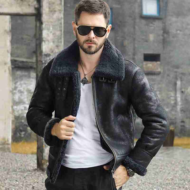 Men Shearling Sheepskin B3 Bomber Retro Aviator Flight Leather Jacket