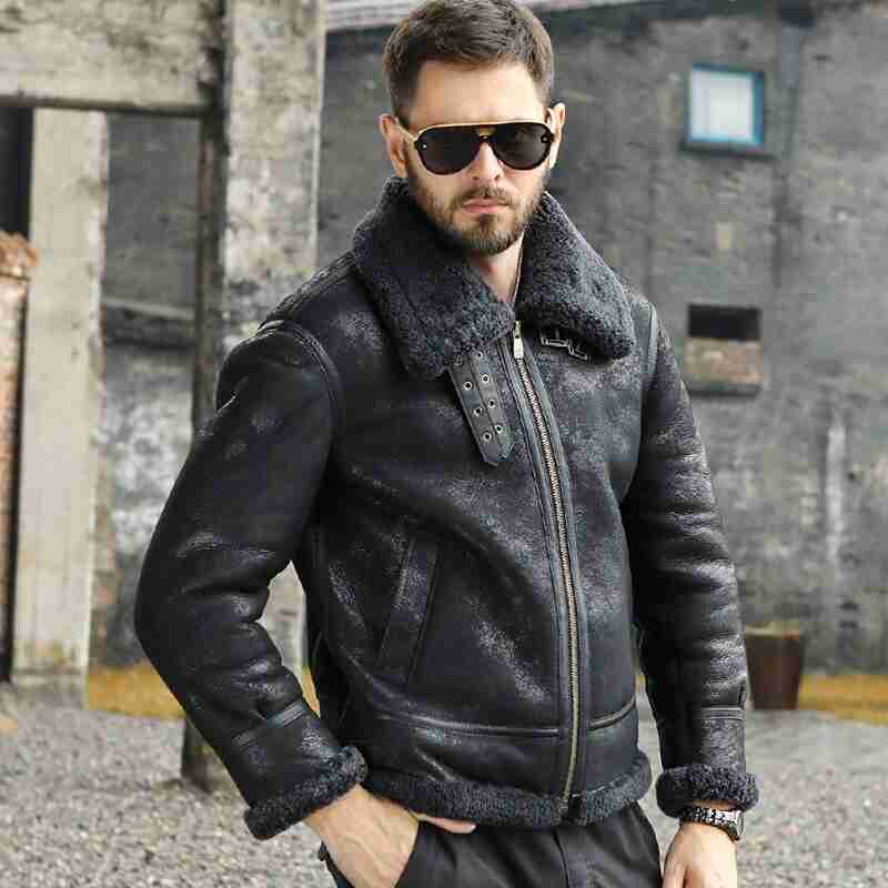 Men Shearling Sheepskin B3 Bomber Retro Aviator Flight Leather Jacket